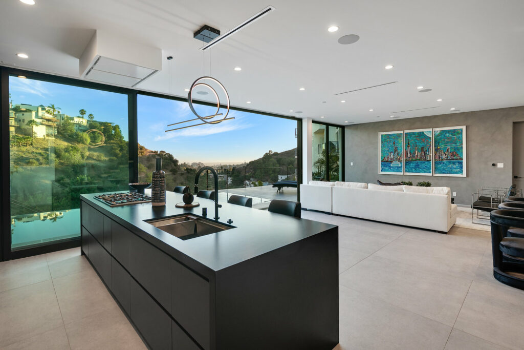 Modern kitchen with view and artistic interior design.