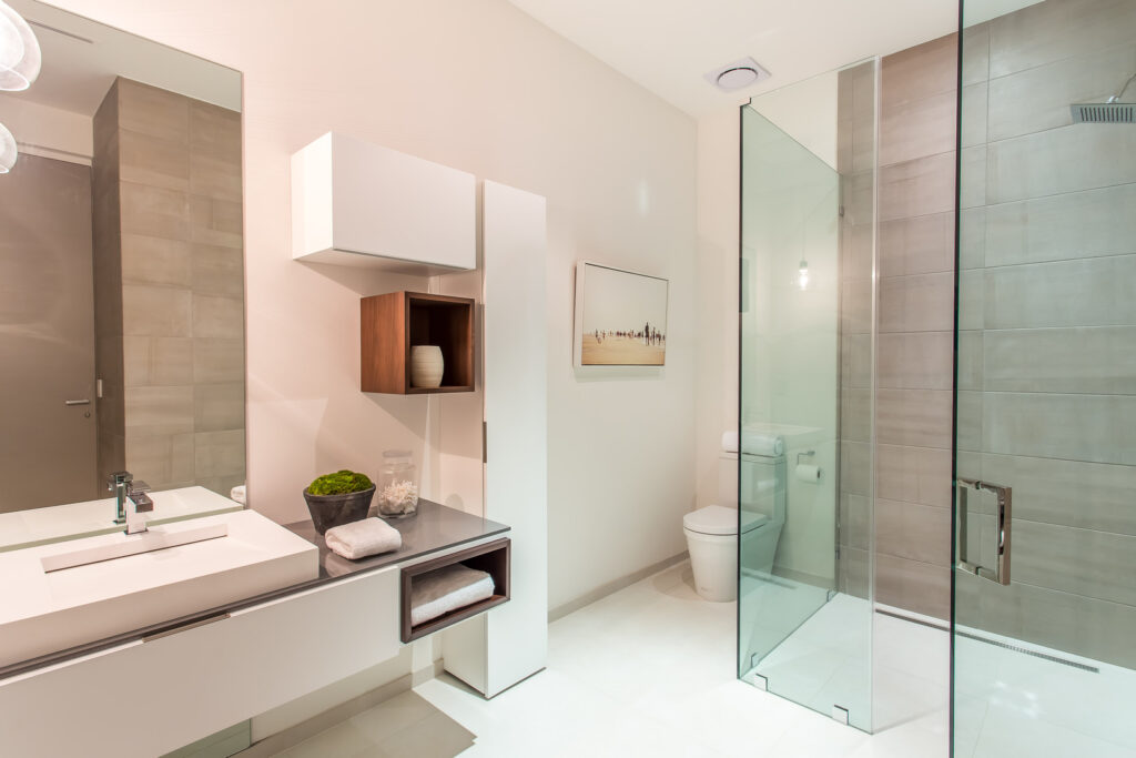 Modern bathroom with shower and clean design.