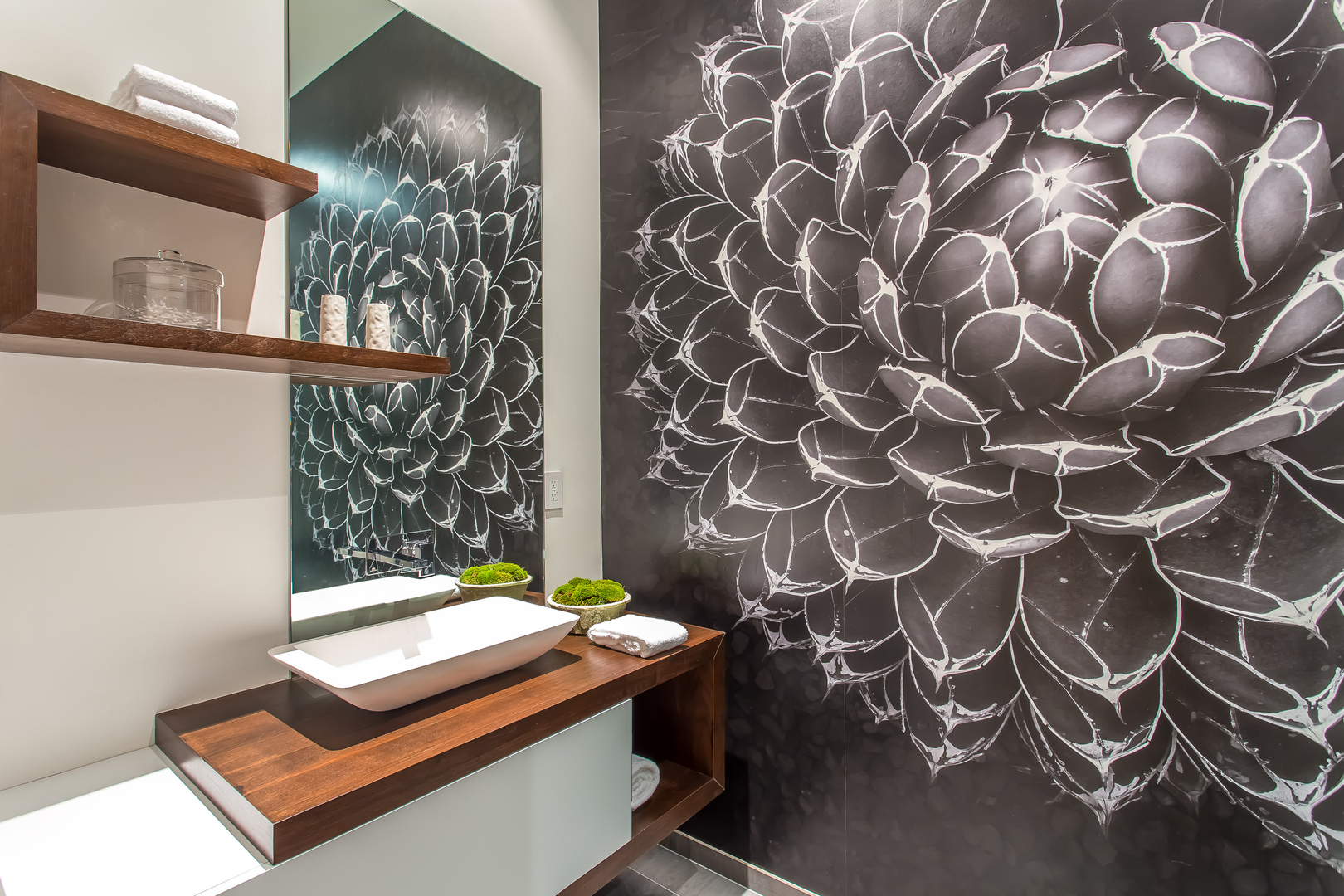 Modern bathroom with artistic floral wall design