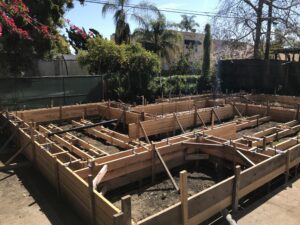 Foundation framing for new construction site.