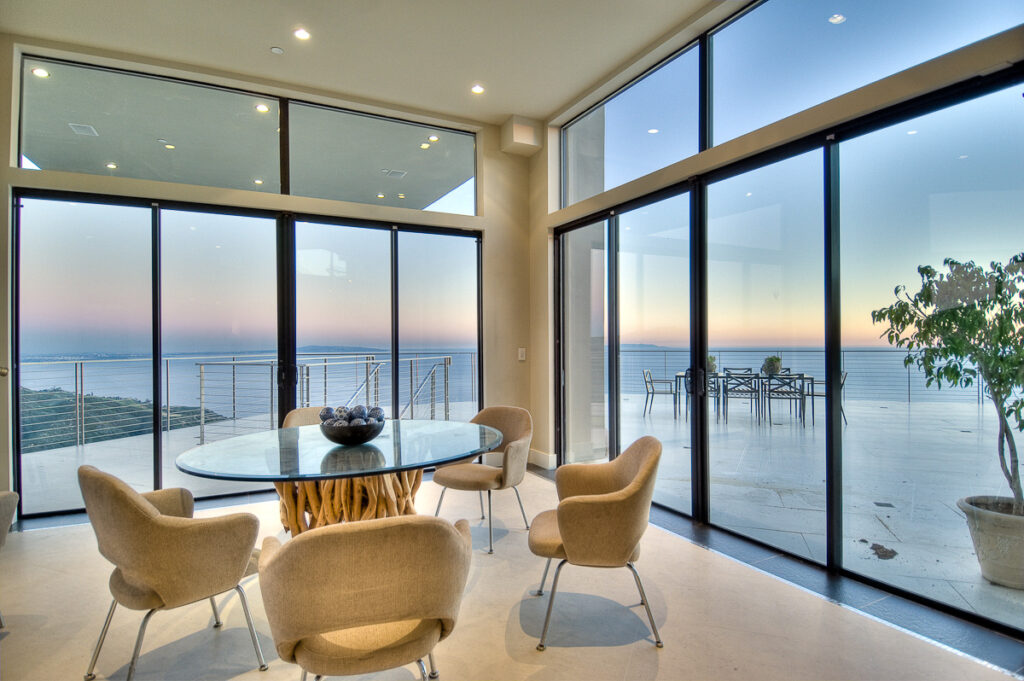 Modern ocean view house interior at sunset