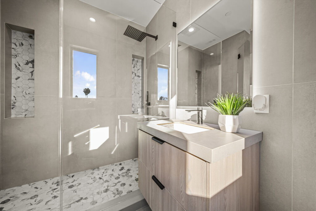 Modern bathroom interior with natural light.