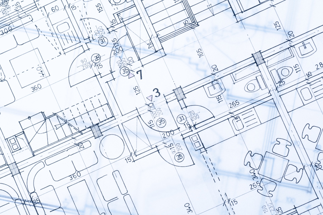 Architectural blueprints with measurements and design details.
