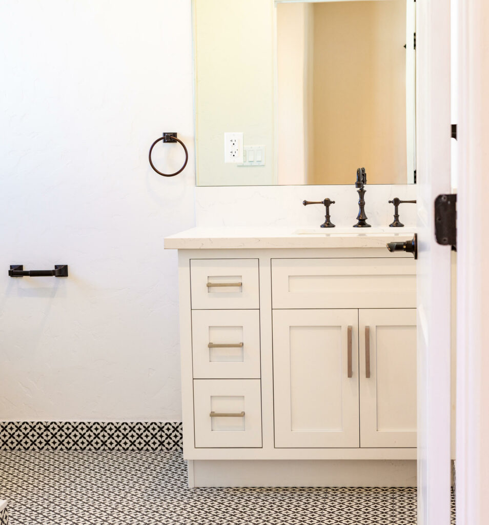 Modern bathroom vanity with patterned floor tiles