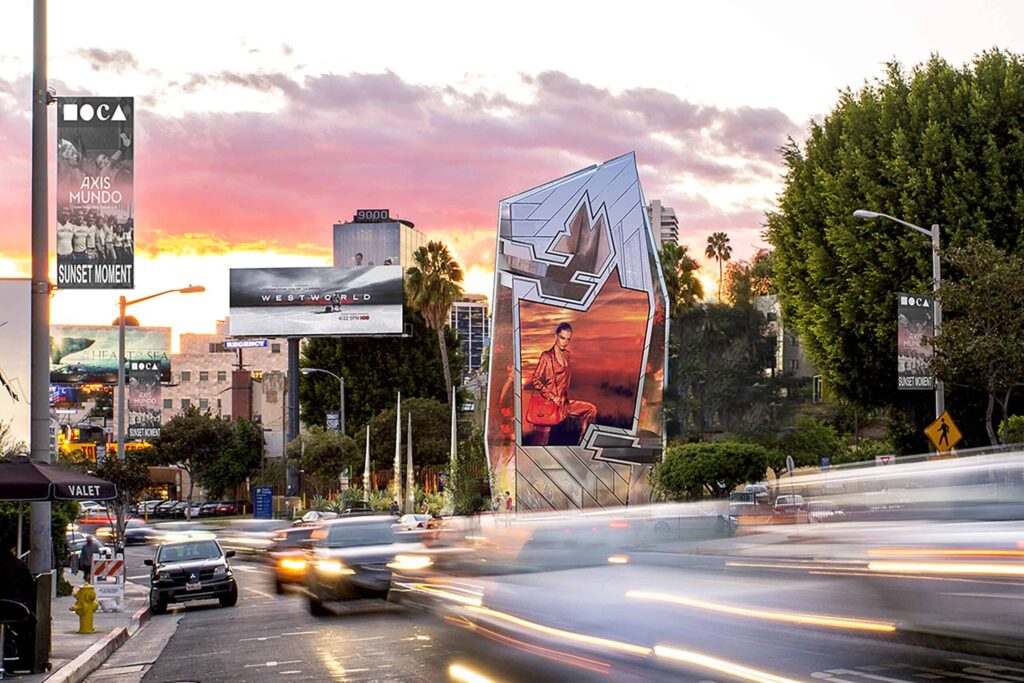 Sunset Boulevard with billboards and bustling traffic.
