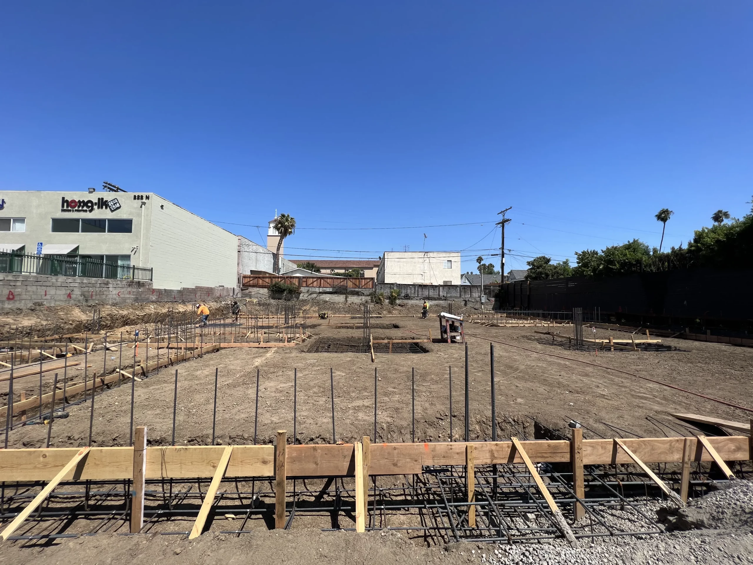 Construction site with formwork and rebar.