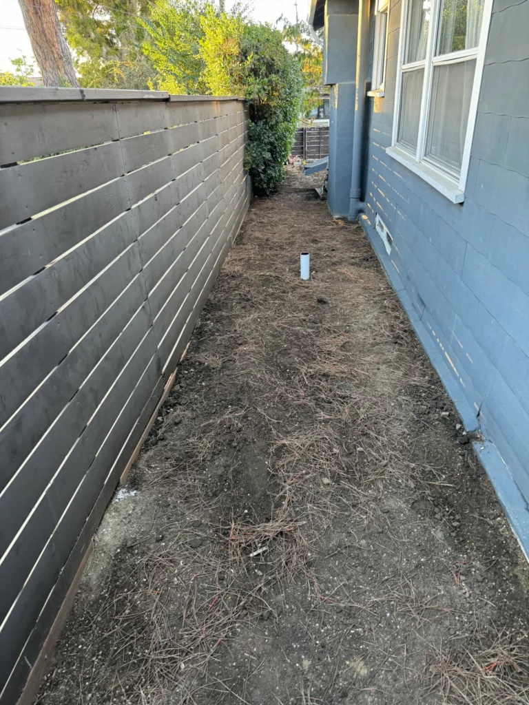 Narrow backyard pathway with fence and house