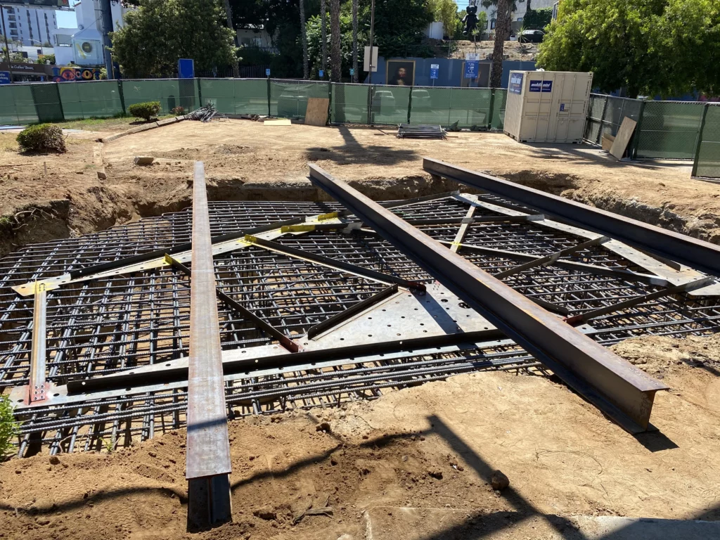 Foundations construction with steel reinforcement bars.