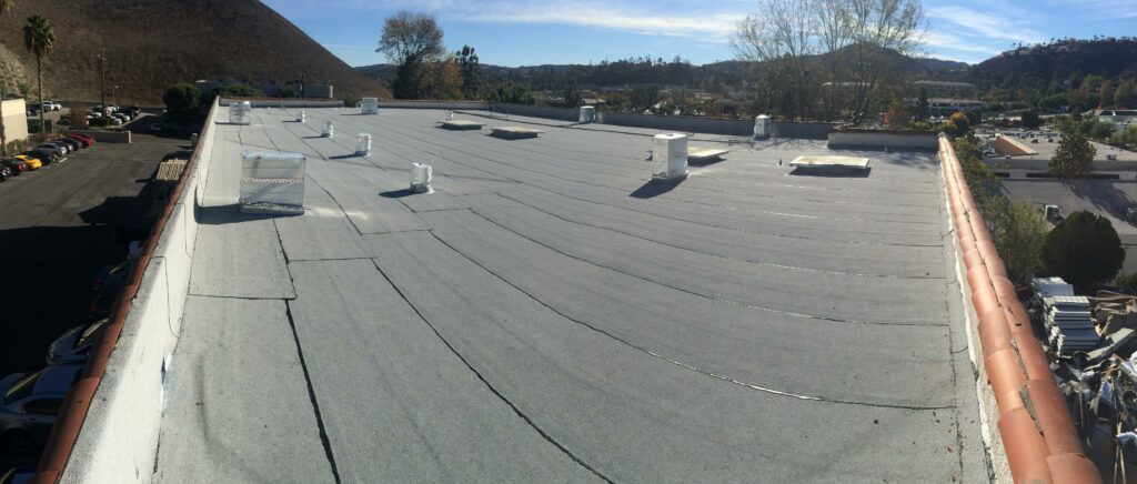 Flat commercial roof with skylights and mountain view.