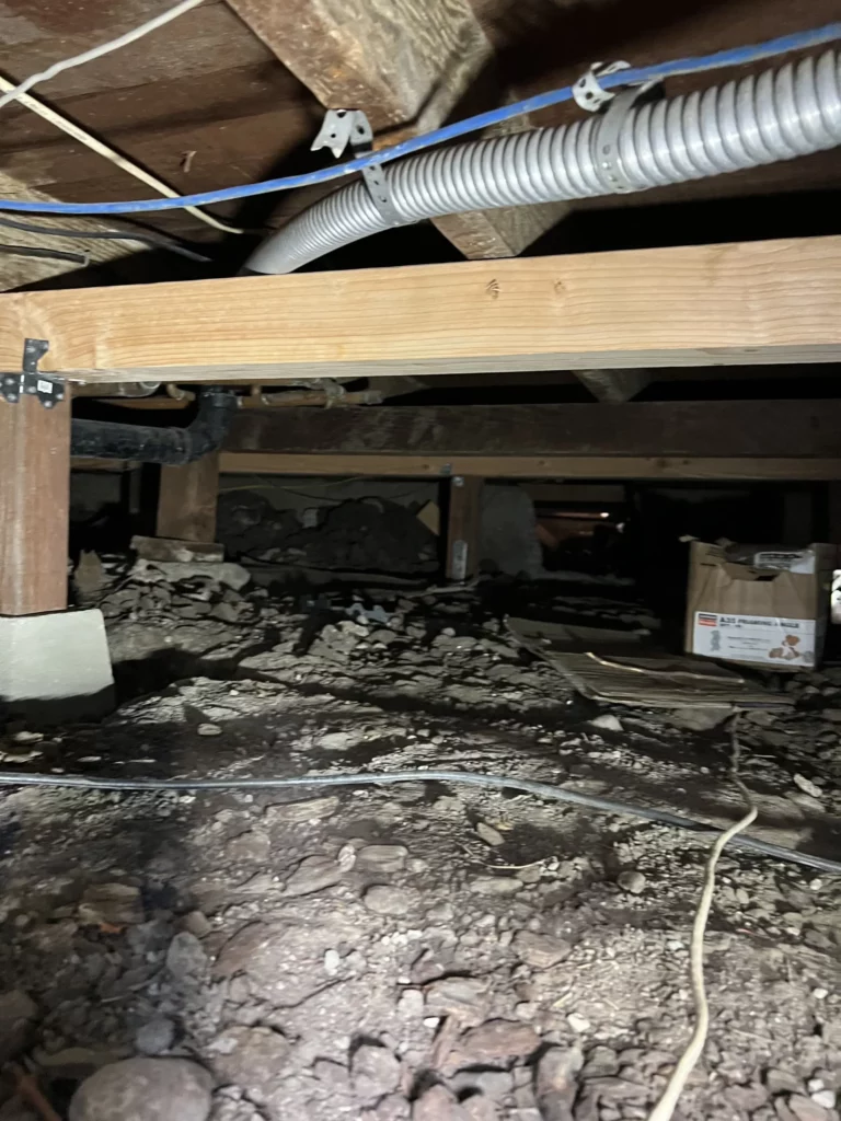 Crawlspace under a house with insulation and wiring visible.