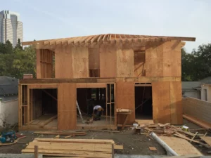 Wooden house frame under construction with worker.