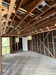 Interior framework of a house under construction.
