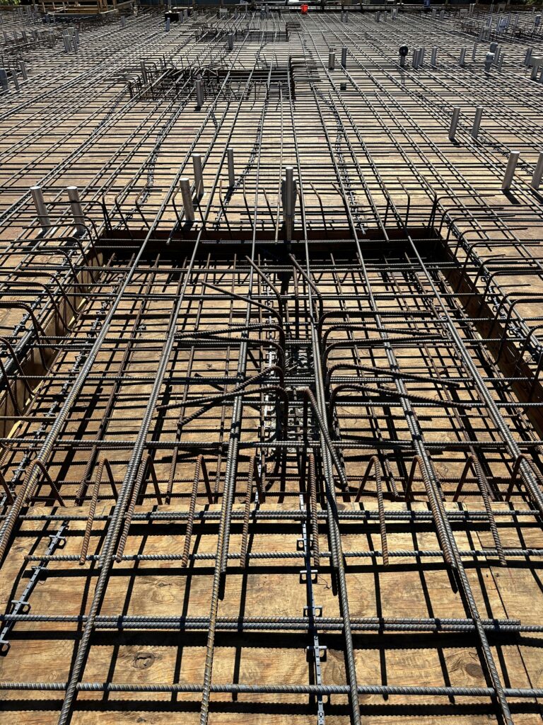 Rebar framework for concrete construction project.