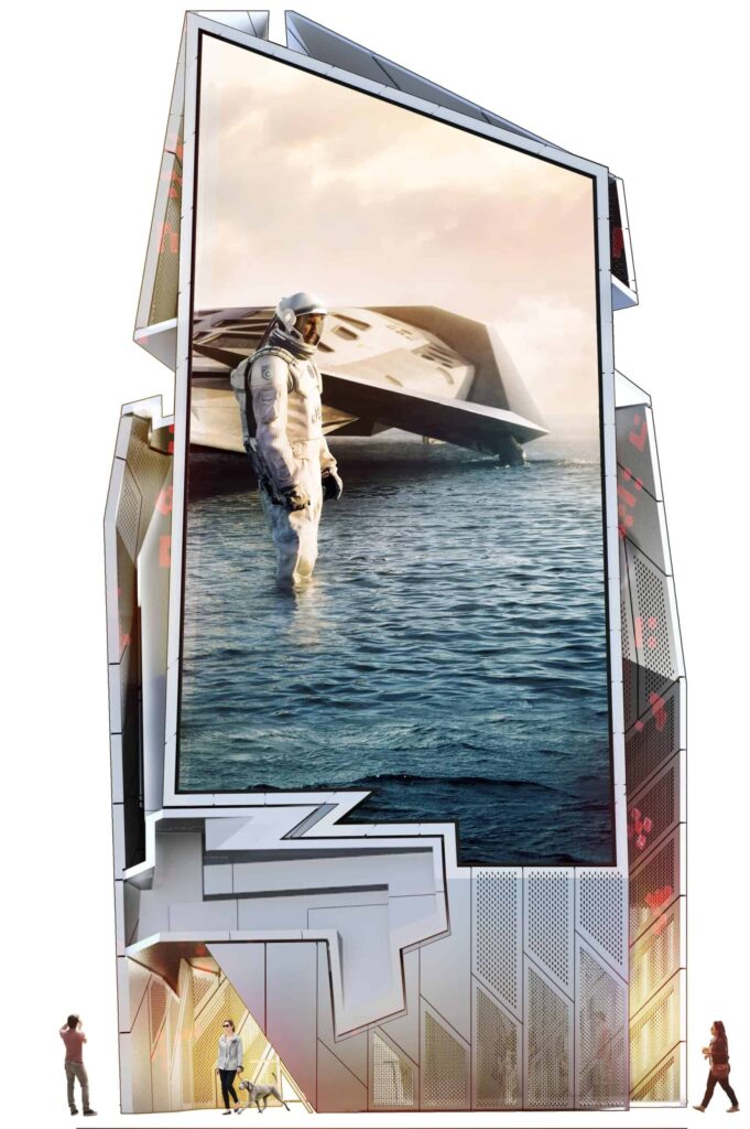 Astronaut by futuristic structure on water with observer silhouettes.