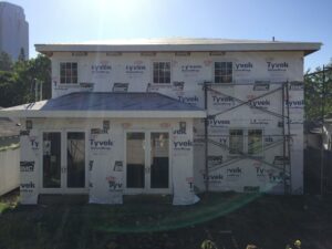 House under construction with Tyvek HomeWrap siding.