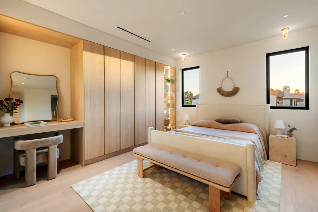 Modern bedroom interior with wooden furniture and sunset view