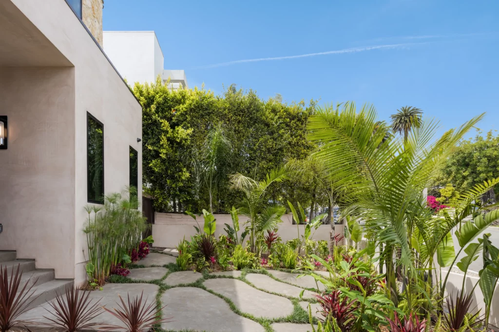 Lush garden path leading to modern home entrance