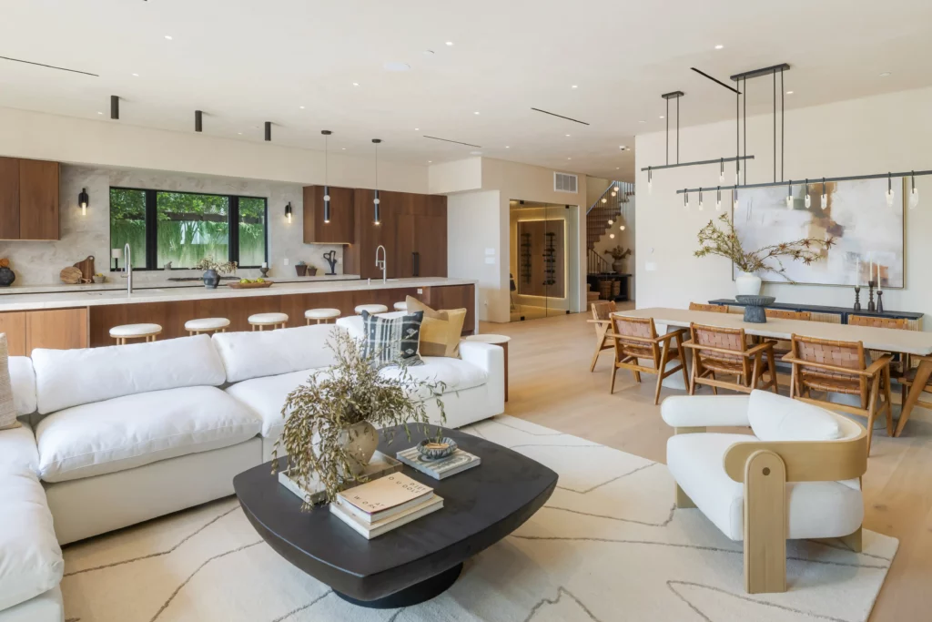 Spacious modern living room with integrated kitchen design