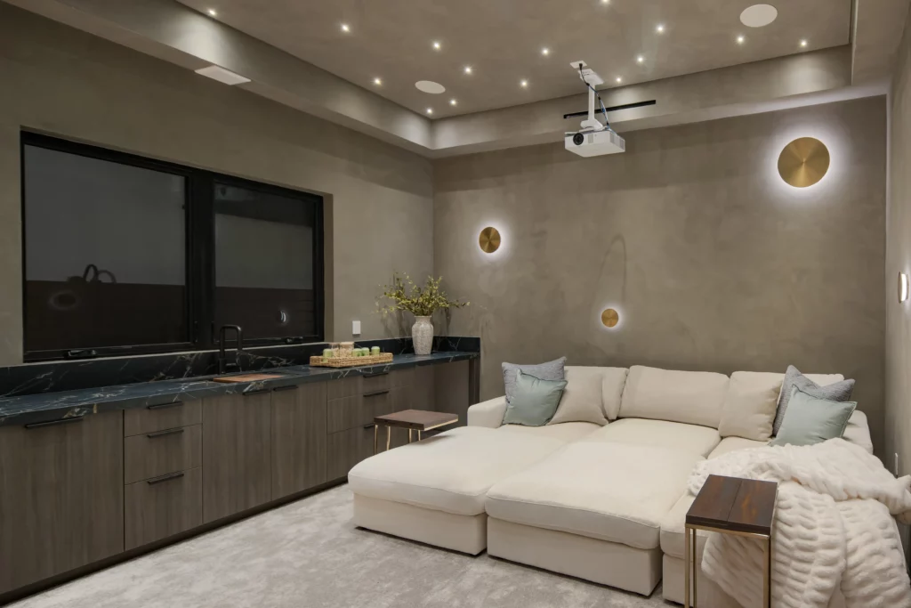 Modern living room with sectional sofa and stylish lighting