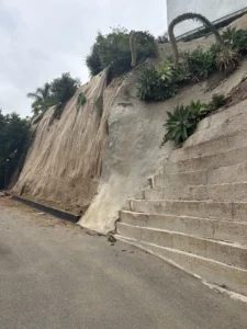 Steep outdoor staircase beside a planted cliff face